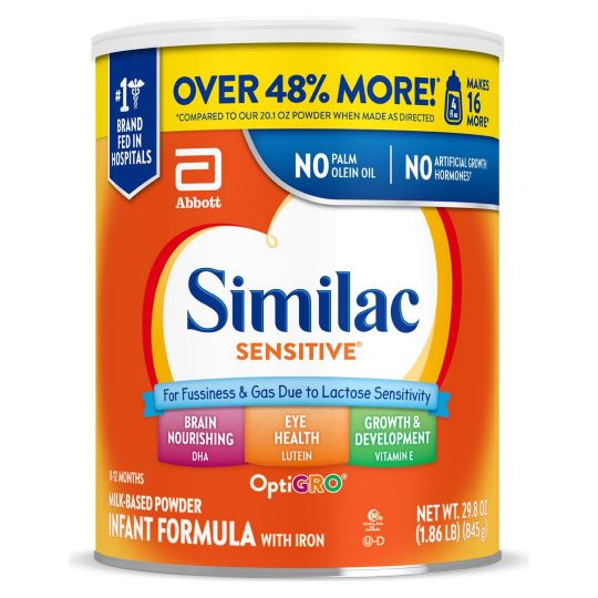 Similac Sensitive?* Infant Formula, for Fussiness & Gas Due to Lactose Sensitivity, Baby Formula, Powder, 29.8 oz Can (Case of 6)